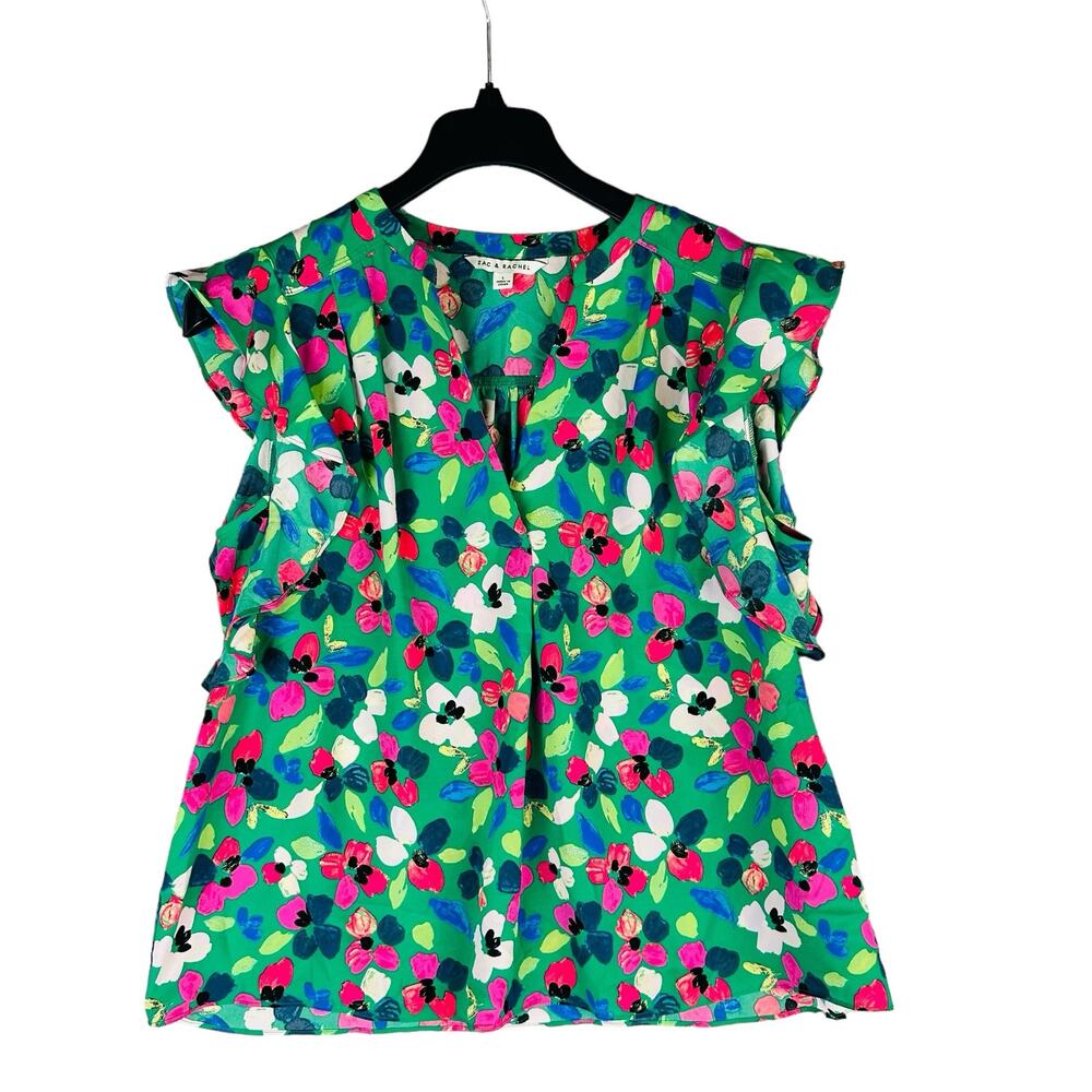 Zach & Rachel Womans Sz Large Blouse Sleeveless Ruffle Floral Green V Neck